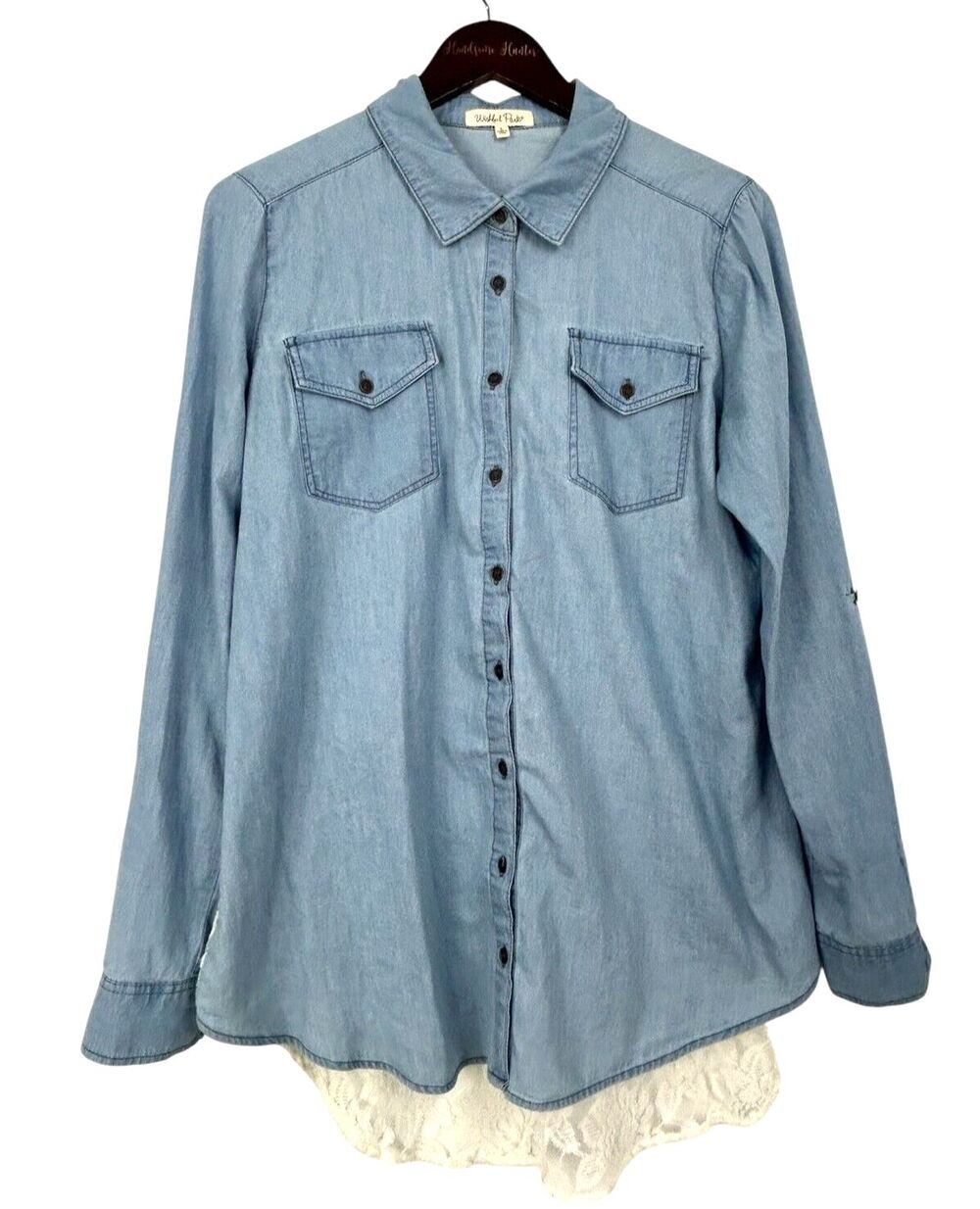Wishful Park Size L Blue Chambray Button Up Blouse Lace Roll Tab Sleeve Top U3 - Picture 3 of 13
